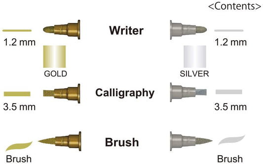 Zig KURETAKE Memory System Gold and Silver Calligraphy Twin Tip Marker Assortment Set of 3 Markers