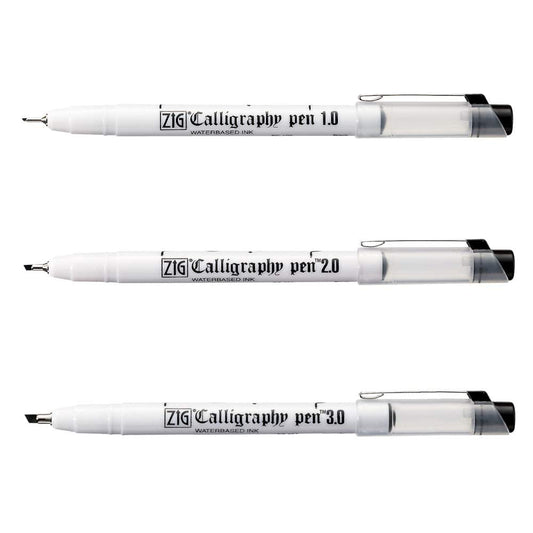 Zig CALLIGRAPHY PEN OBLIQUE Tip BLACK 3 Set, 1mm, 2mm, 3mm, For Italic and Gothic Calligraphy Beginners, AP-Certified, Odourless, Xylene Free, Professional quality, Made in Japan Kuretake.