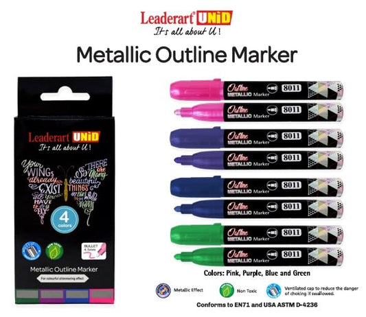 Leadeart UNID Outline Metallic Marker Bullet Tip 4.5MM, Set of 4 Sparkly Fun colors ideal for colouring, decorating,outlining,Glittery Art, Poster and much more.MADE IN MALAYSIA
