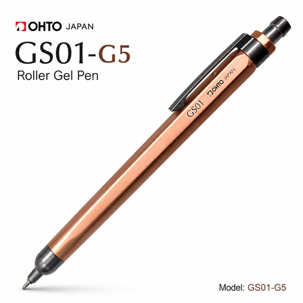 OHTO GS01 Premium Aluminum Gel Pen 0.5mm Needle Tip Black Ink, Quick Dry Smooth Writing Pen, Metal Body with Brass Clip, Executive Office Pen for Journaling, Notes & Everyday Writing, Silver