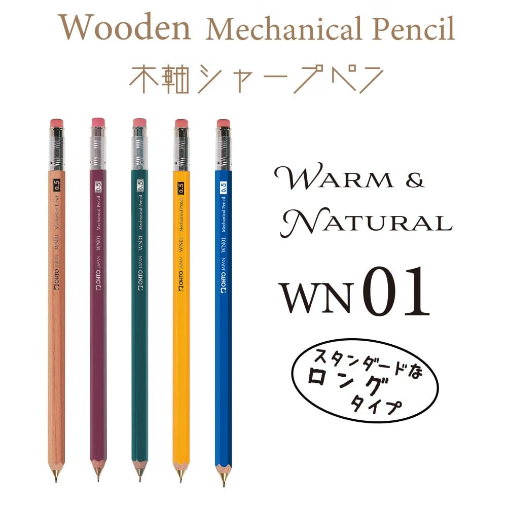 OHTO WN01 Wooden Mechanical Pencil 0.5mm Blue, Japanese Hexagonal Wood Barrel, Refillable Lead Pencil with Eraser for Writing, Sketching, Drawing, School & Office