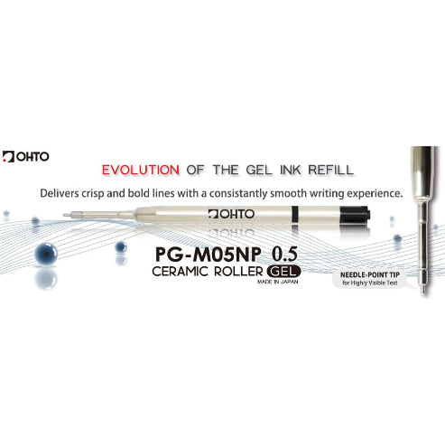 OHTO PG-M05NP 0.5mm Ceramic Gel Refill, Compatible with GS02 Pen, Fine Metal Tip, Quick-Dry Black Ink for Smooth and Precise Writing. Made in Japan