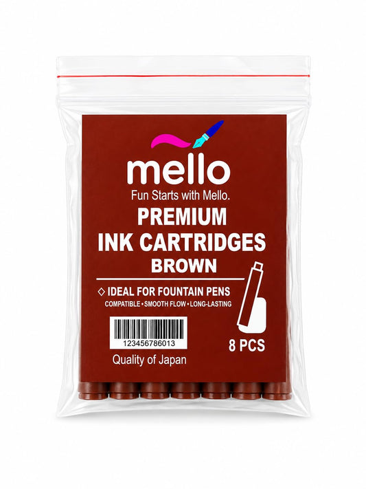 MELLO Universal Standard Fountain Pen Ink Cartridges – Brown Ink | Pack of 8 | Fountain Pen Ink Refill | Smooth Writing Ink Cartridges for Journal, School & Office Use | Standard International Size