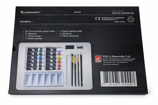 Renaissance Acrylic Starter Set – 20 Pieces Acrylic Paint Kit with 12 x 12ml Colour Tubes, Brushes, Palette, Pencil, Eraser & Knife | Ideal for Beginners, Students & Hobby Artists. Made in Thailand