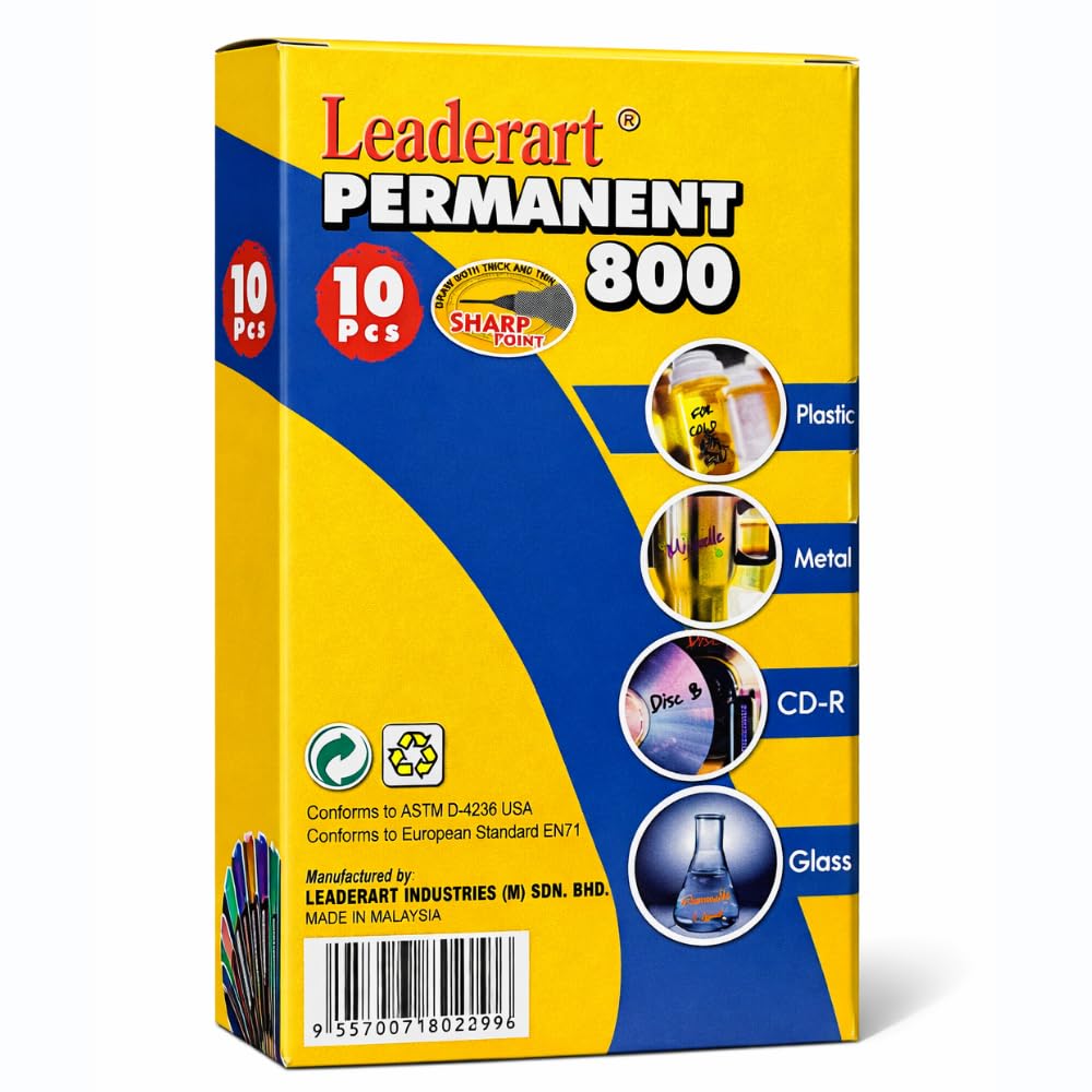 Leaderart Permanent Marker Pen – Pack of 10|Black Quick-Dry Waterproof Marker | Writes on Plastic, Metal, Glass & CD-R | Ideal for Writing, Drawing & Coloring | Made in Malaysia