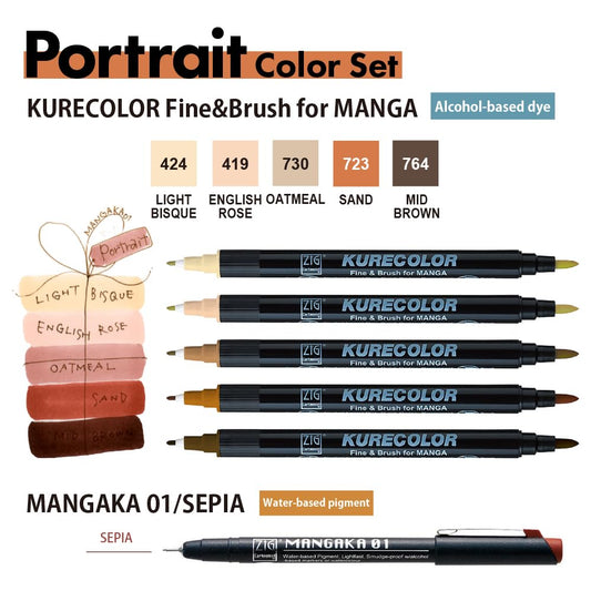 Zig Kuretake Cartoonist KURECOLOR Fine & Brush Portrait set, 5 colors with MANGAKA Black, Alcohol-based twin tipped dual marker pens, for Artist, Professional, Made in Japan