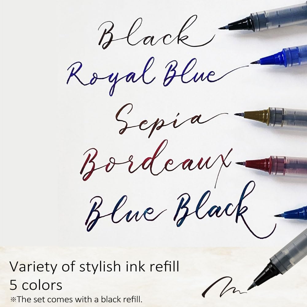 Zig Letter Pen COCOIRO, White Body with Black Ink Refill Set, Flexible Extra Fine Brush Tip, Refillable marking Pen for Calligraphy, Hand Lettering, Made in Japan