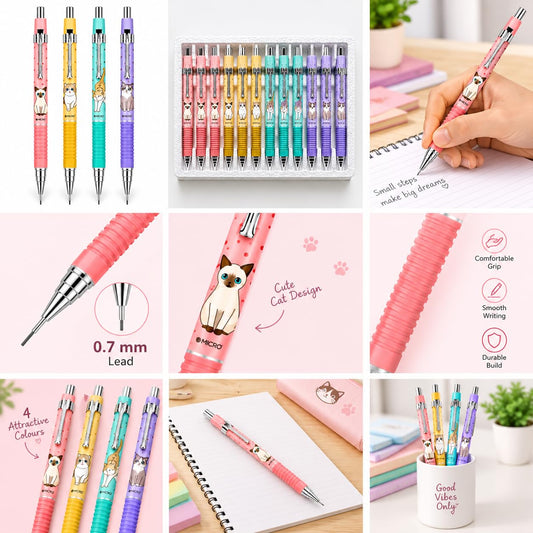 MICRO Rubber JEDO Cat Mechanical Pencil 0.7 mm, Made in Korea, Cute Cat Design, Pastel 4 Colour Mechanical Pencil for School, Students, Office, Writing, Note-Taking and Drawing