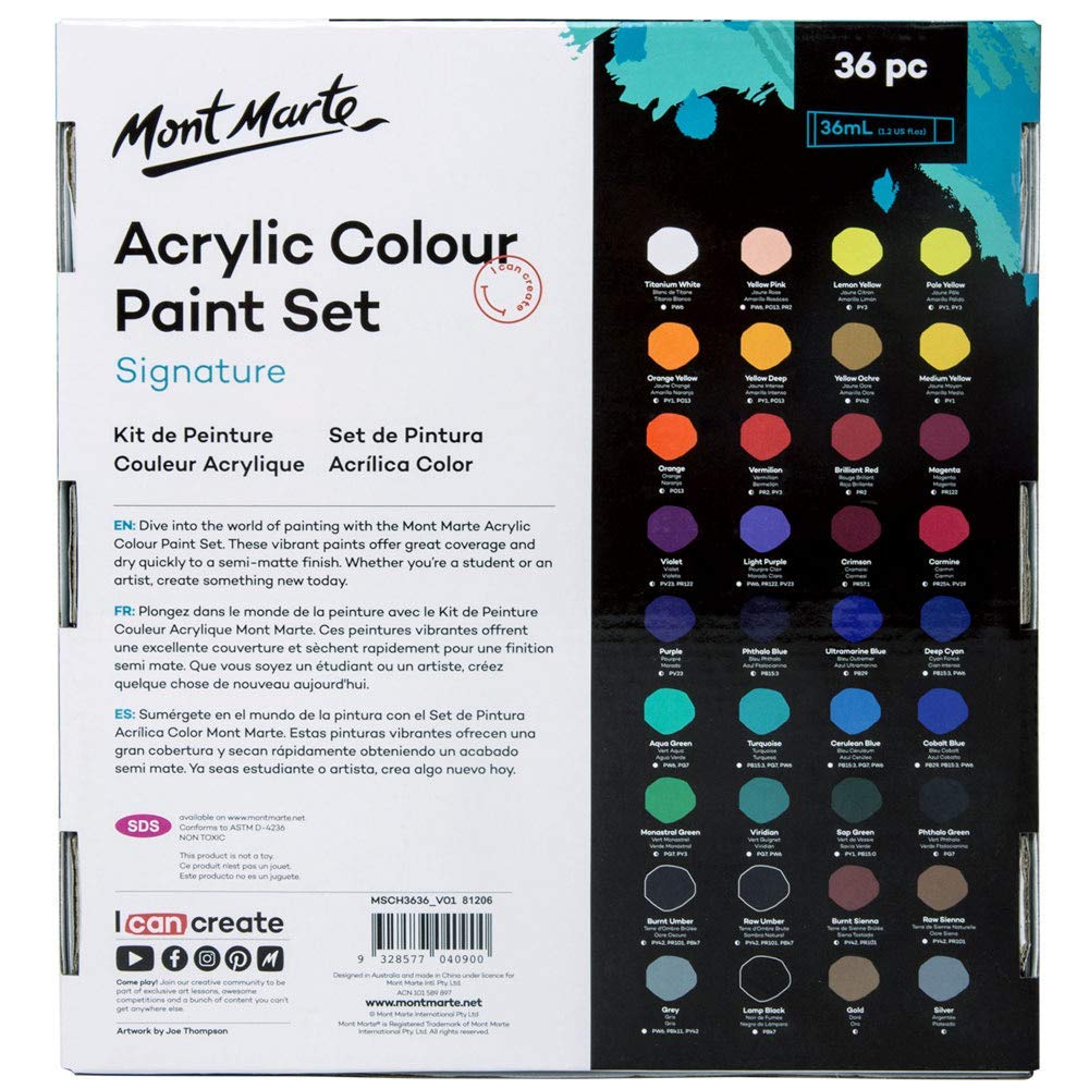 Mont Marte Acrylic Paint Set 36 Colors, 36ml, Multicolour