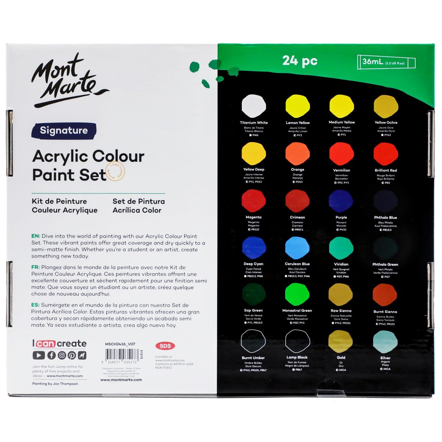 Mont Marte Acrylic Paint Set 24 Colours 36ml 2 PACK, Perfect for Canvas, Wood, Fabric, Leather, Cardboard, Paper, MDF and Crafts