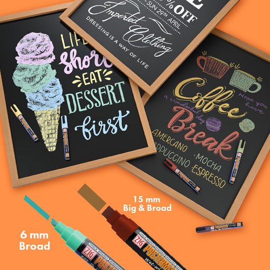 ZIG Posterman Wet-Wipe Broad Tip Chalk Marker Set – 4 Vibrant Colors PMA-550/4VC for Glass, Whiteboards, Chalkboards, Mirrors, and Non-Porous Surfaces Made In Japan