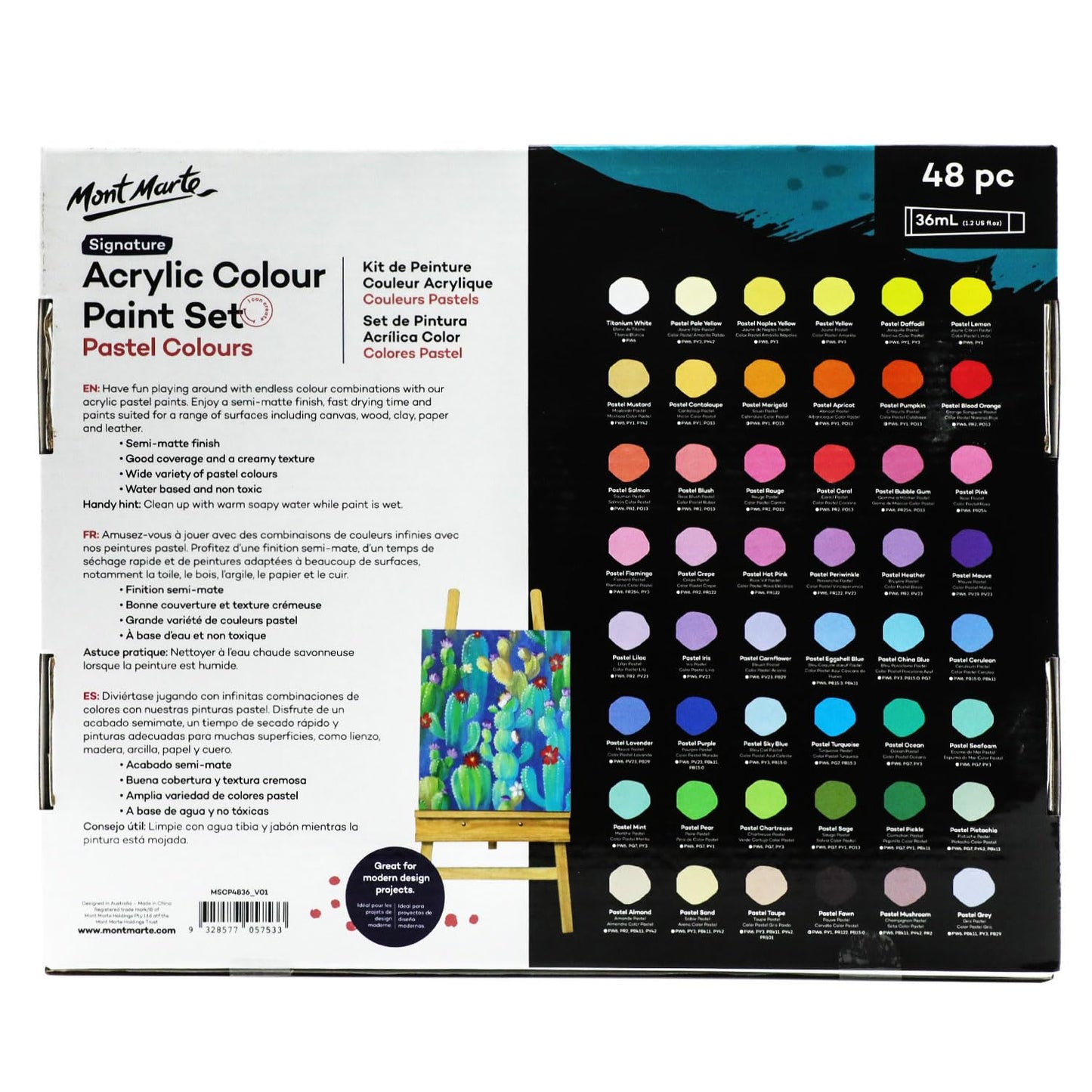 Mont Marte Acrylic Colour Pastel Paint Set Signature 48Pc X 36Ml - Multicolor