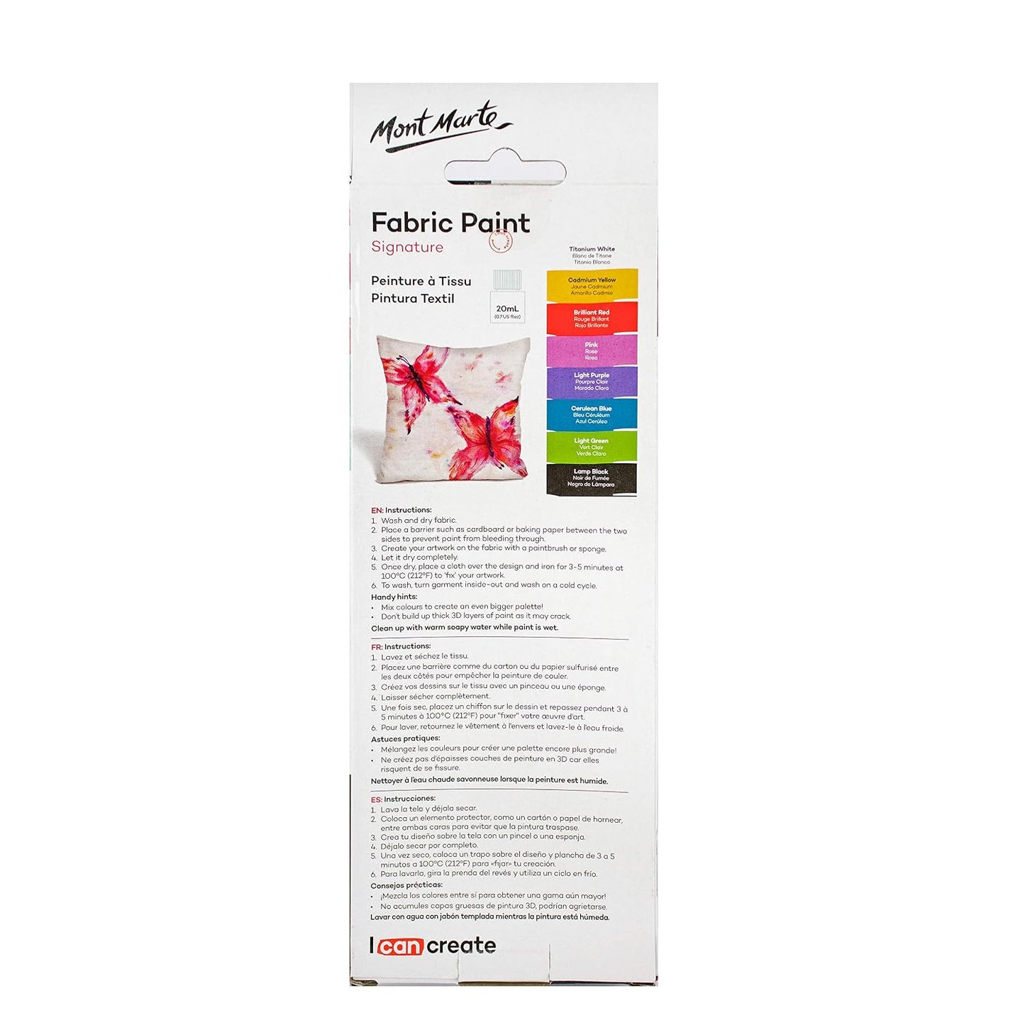 Mont Marte Fabric Paint Set - 8 Pieces x 20ml - Permanent Textile Paints Colors, White, Black, Yellow, Green, Pink, Blue, Red, Purple