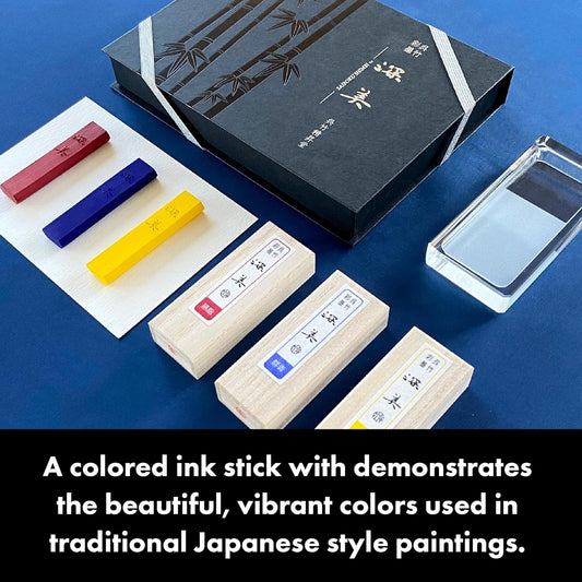 ZIG Kuretake Saiboku Shimbi Sumi Ink Stick Set with Glass Inkstone | 3-Piece Japanese Traditional Calligraphy Set for Lettering, Painting & Drawing | Made in Japan
