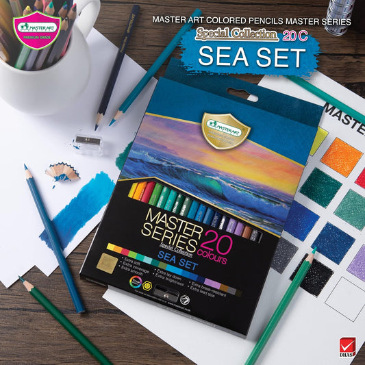 MASTERART Sea Set Colored Pencils – 20 Soft Core Ocean-Inspired Shades for Adult Coloring Books, Sketching, Doodling & Drawing | Non-Toxic & Safe for Kids & Artists.