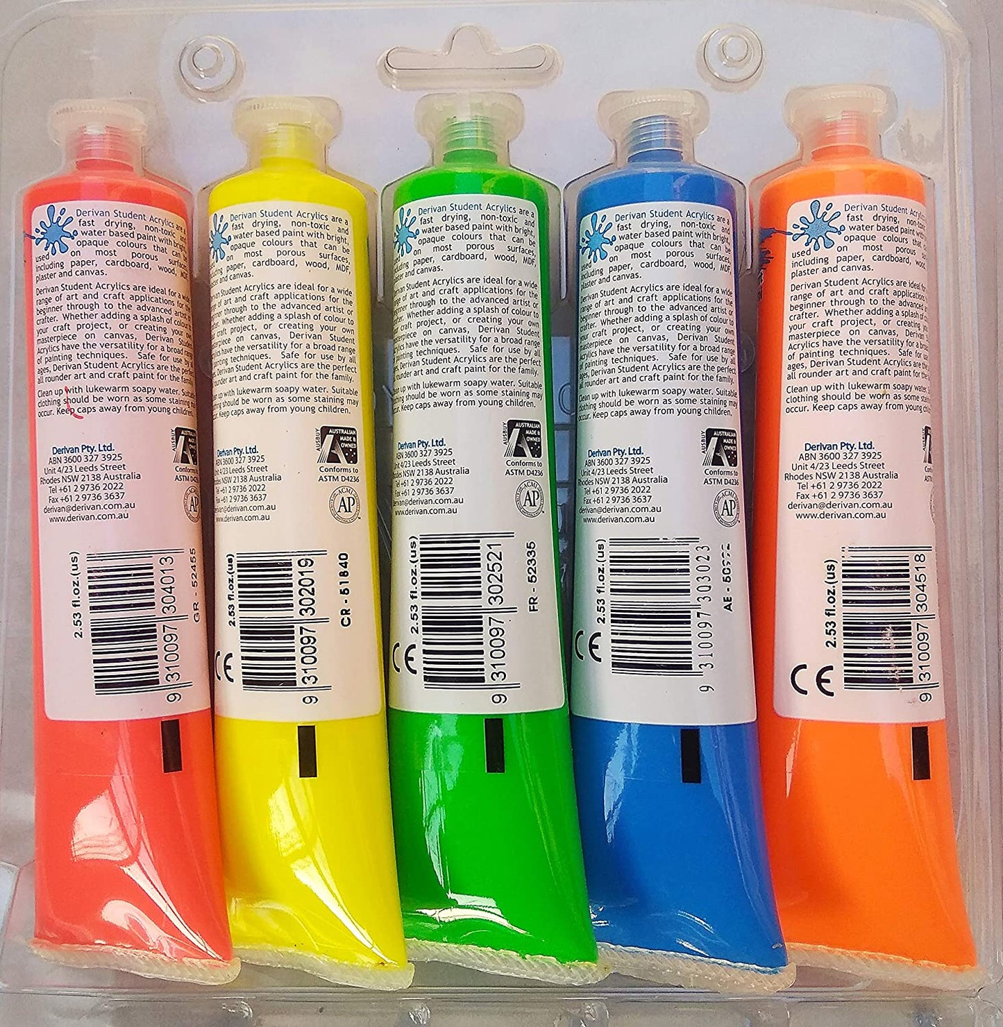 DERIVAN STUDENT ACRYLIC PAINT 75 ML TUBE FLUORESCENT PACK OF 5 colours SET