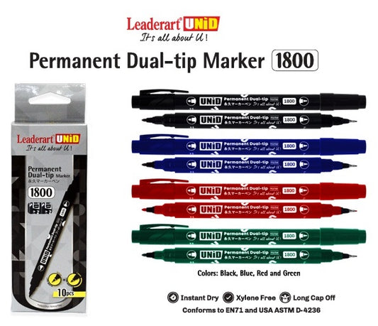 Leaderart UNID Permanent Dual Tip Marker 1800 Black Ink, Pack of 10 MADE IN MALAYSIA