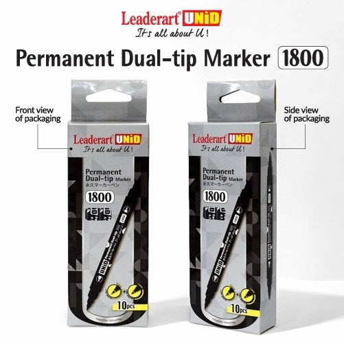 Leaderart UNID Permanent Dual Tip Marker 1800 Green Ink, Pack of 10 MADE IN MALAYSIA