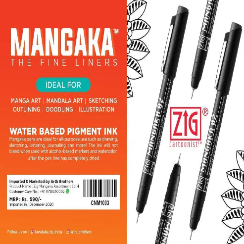 ZIG KURETAKE Cartoonist MANGAKA The FINE Liners Set of 6 PENS 005,01,03,05,FINE,MEDIUM BRUSH Made in Japan