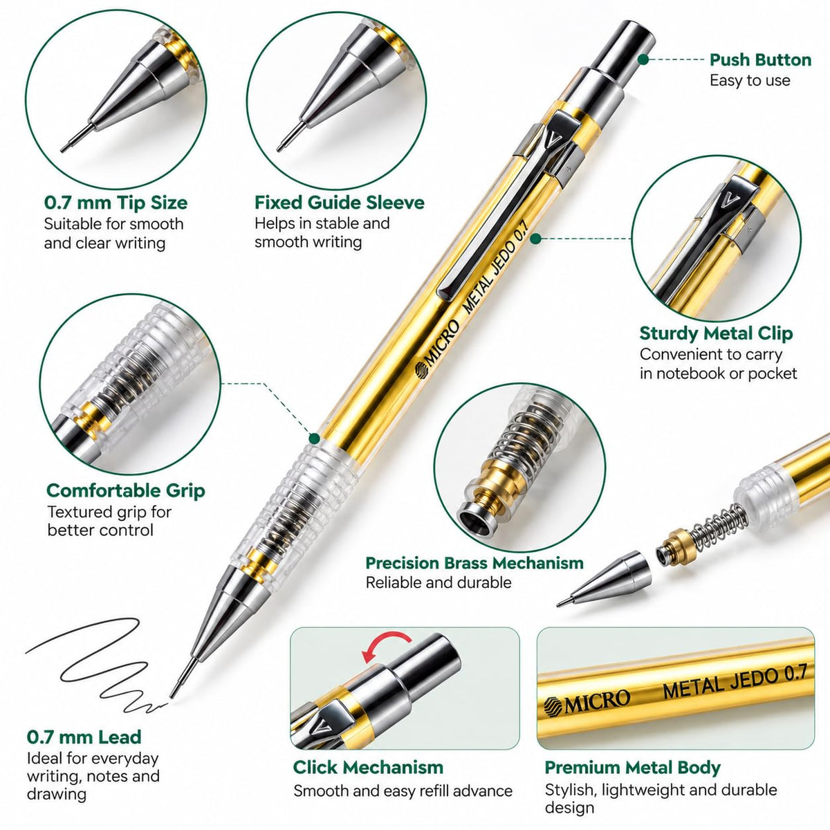 MICRO New Metal JEDO 0.5 mm Mechanical Pencil Set, Gold Finish,Pack of 12 for Students Technical Drawing, Drafting and Office Stationery, Made in Korea