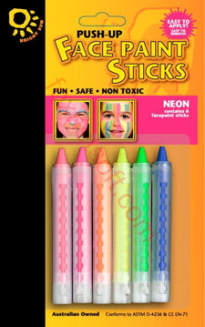 Derivan Australian Face Body & Finger Face Paint Sticks For Makeup - Neon pack of 6 sticks