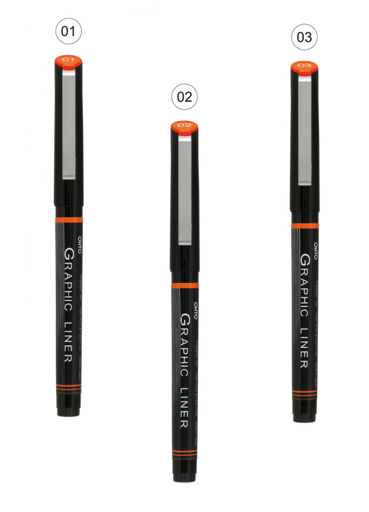 OHTO JAPAN Graphic Liner Needle Point Rollerball Drawing Pen [01-02-03] Pack Of 3.