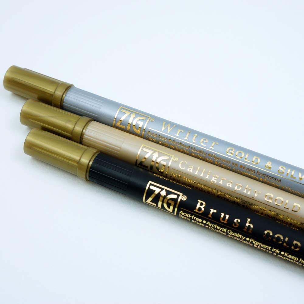 Zig KURETAKE Memory System Gold and Silver Calligraphy Twin Tip Marker Assortment Set of 3 Markers