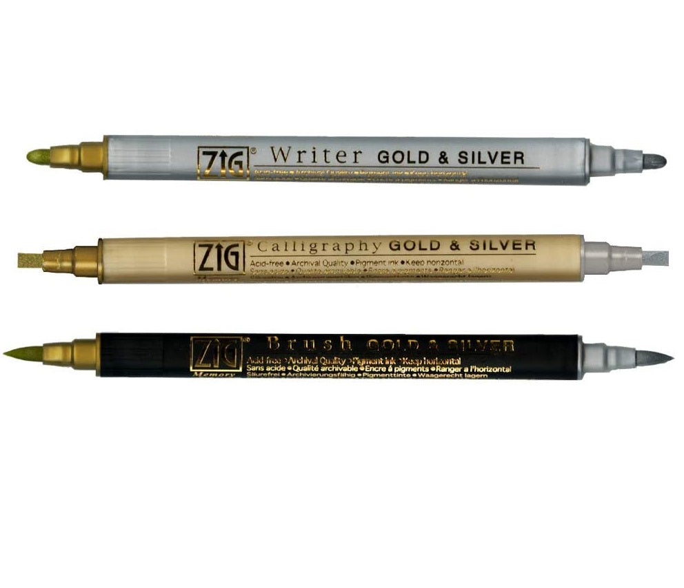 Zig KURETAKE Memory System Gold and Silver Calligraphy Twin Tip Marker Assortment Set of 3 Markers