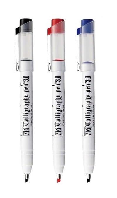 Zig Kuretake Calligraphy Pen 3.0 Oblique Tip Black,Red,Blue,3 Color Set,For Italic and Gothic Calligraphy Beginners, Odourless, Xylene Free, Professional quality.AP-Certified JAPAN.