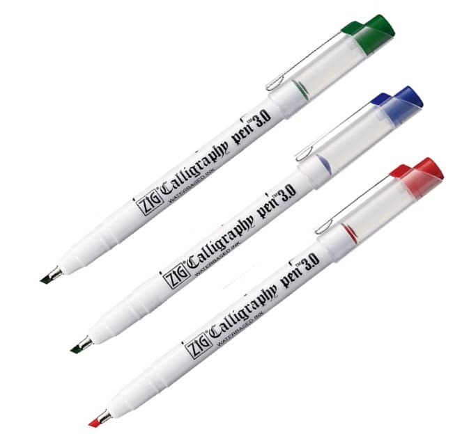 ZIG KURETAKE CALLIGRAPHY PEN 3.0 OBLIQUE TIP Red,Blue,Green 3 Color Set.