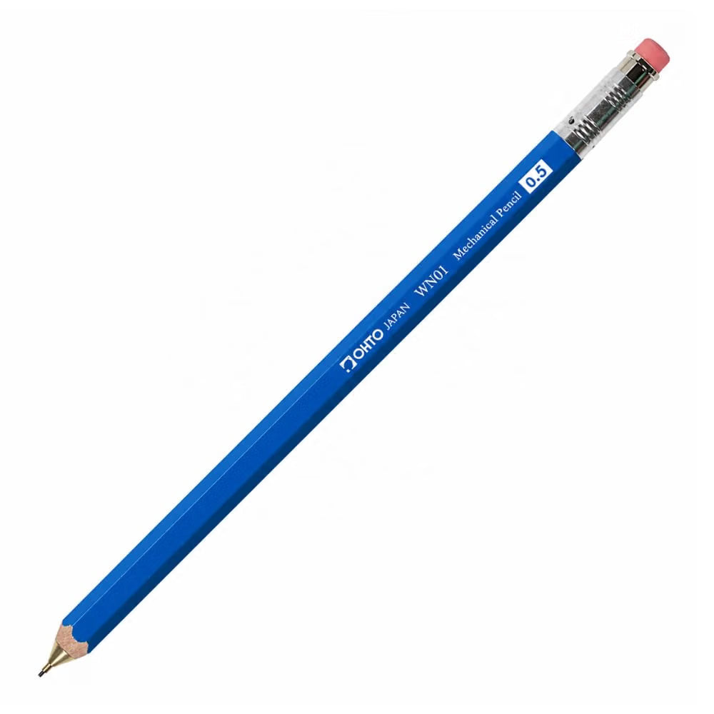 OHTO WN01 Wooden Mechanical Pencil 0.5mm Blue, Japanese Hexagonal Wood Barrel, Refillable Lead Pencil with Eraser for Writing, Sketching, Drawing, School & Office
