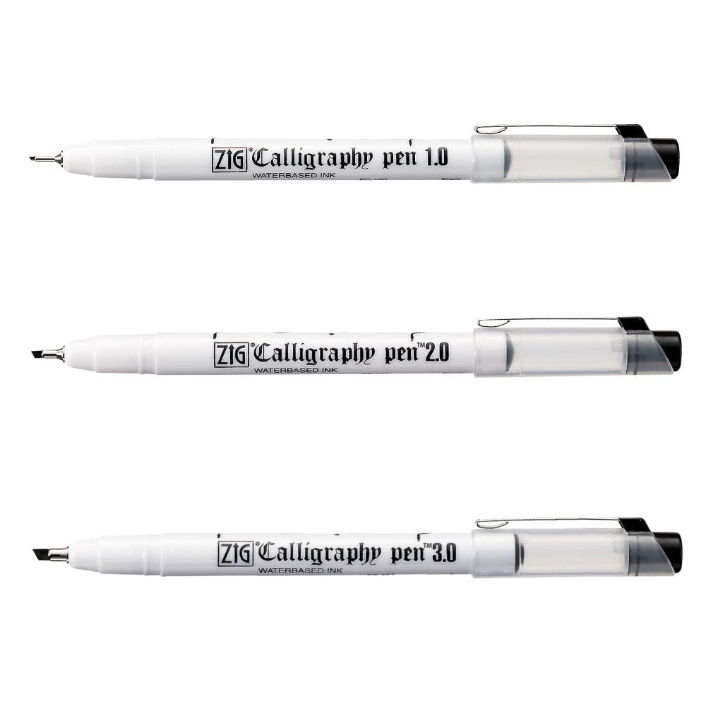 Zig CALLIGRAPHY PEN OBLIQUE Tip BLACK 3 Set, 1mm, 2mm, 3mm, For Italic and Gothic Calligraphy Beginners, AP-Certified, Odourless, Xylene Free, Professional quality, Made in Japan Kuretake.