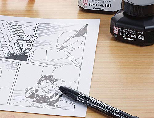 Zig KURETAKE Special Set, Illustration Basic Set 2 Black Markers and 1 White Brush Pen [CBK-55P,CNM-01,BP-24] for Manga Drawing, Lettering and Calligraphy, Professional Artist Quality.