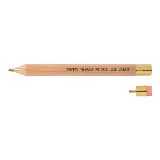OHTO Mechanical Pencil Wood Sharp with Eraser 2.0, 2.0mm, (APS-680E) Made in Japan (Natural)