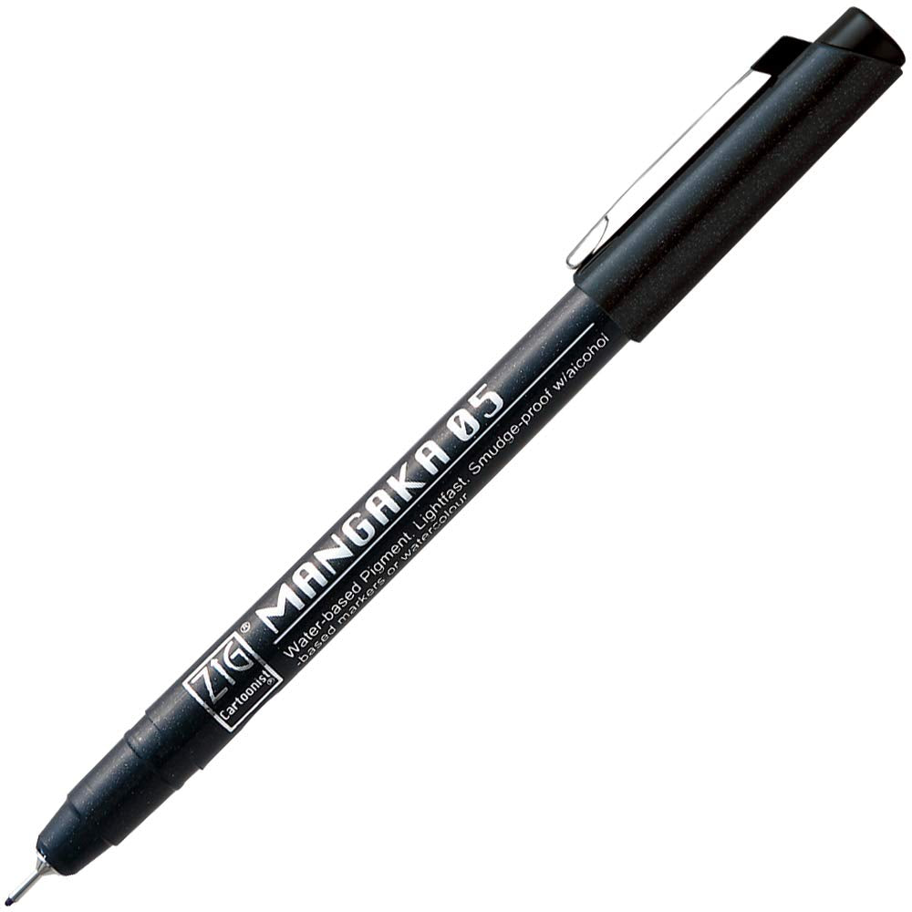 Zig Kuretake CARTOONIST MANGAKA Black 5 set, 005,01,03,05,& fine brush pen for art, illustration, lettering, graphic designers, urban artists, paper crafters, AP-Certificated, Made in Japan