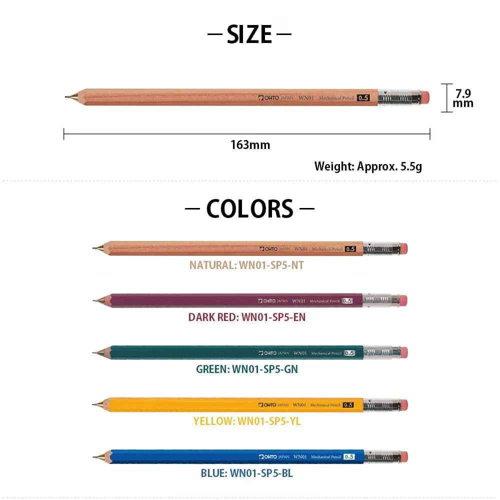 OHTO WN01 Wooden Mechanical Pencil 0.5mm Blue, Japanese Hexagonal Wood Barrel, Refillable Lead Pencil with Eraser for Writing, Sketching, Drawing, School & Office