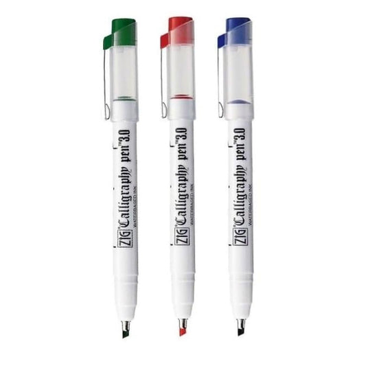 Zig Kuretake Calligraphy Pen 3.0 Oblique Tip Red,Blue,Green 3 Color Set,For Italic and Gothic Calligraphy Beginners, Odourless, Xylene Free, Professional quality