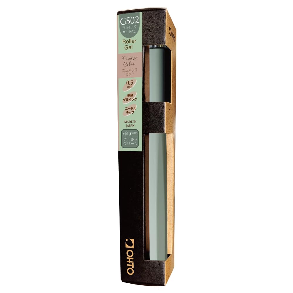 OHTO GS02 Old Green Roller Gel Pen – Metal Design Aluminum Barrel | 0.5mm Fine Tip with Black Ink, Quick-Dry Ceramic Roller Ink | Refillable Pen for Office, Journaling, Writing | Made in Japan
