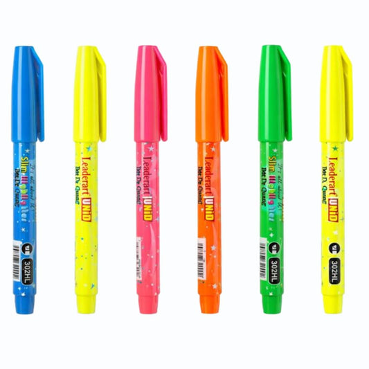Leaderart Unid Highlighter Set of 6 Vibrant Fluorescent Colors, Chisel Tip, Long -lasting Ink, Ideal for Notes, Journaling & Study Use.Perfect for School, Office etc. Made in Malaysia