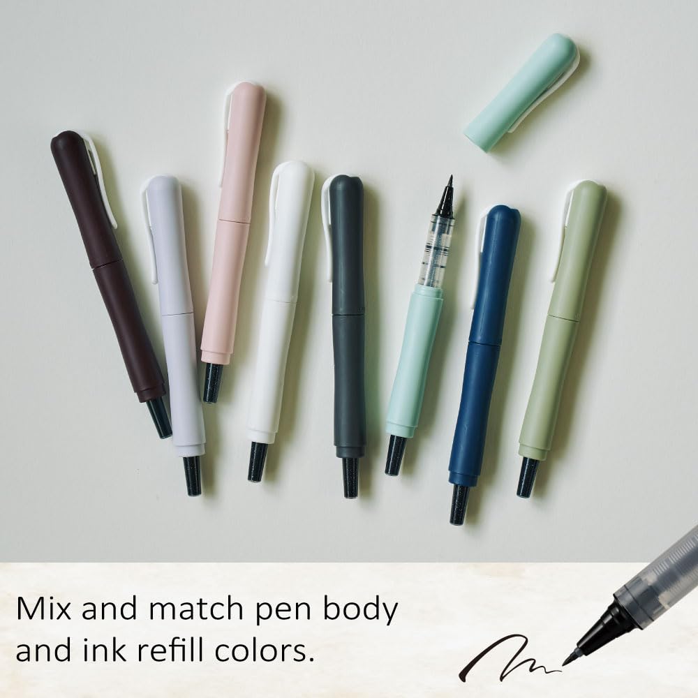 Zig Letter Pen COCOIRO, Fog Gray Body with Black Ink Refill Set, Flexible Extra Fine Brush Tip, Refillable marking Pen for Calligraphy, Hand Lettering, Made in Japan