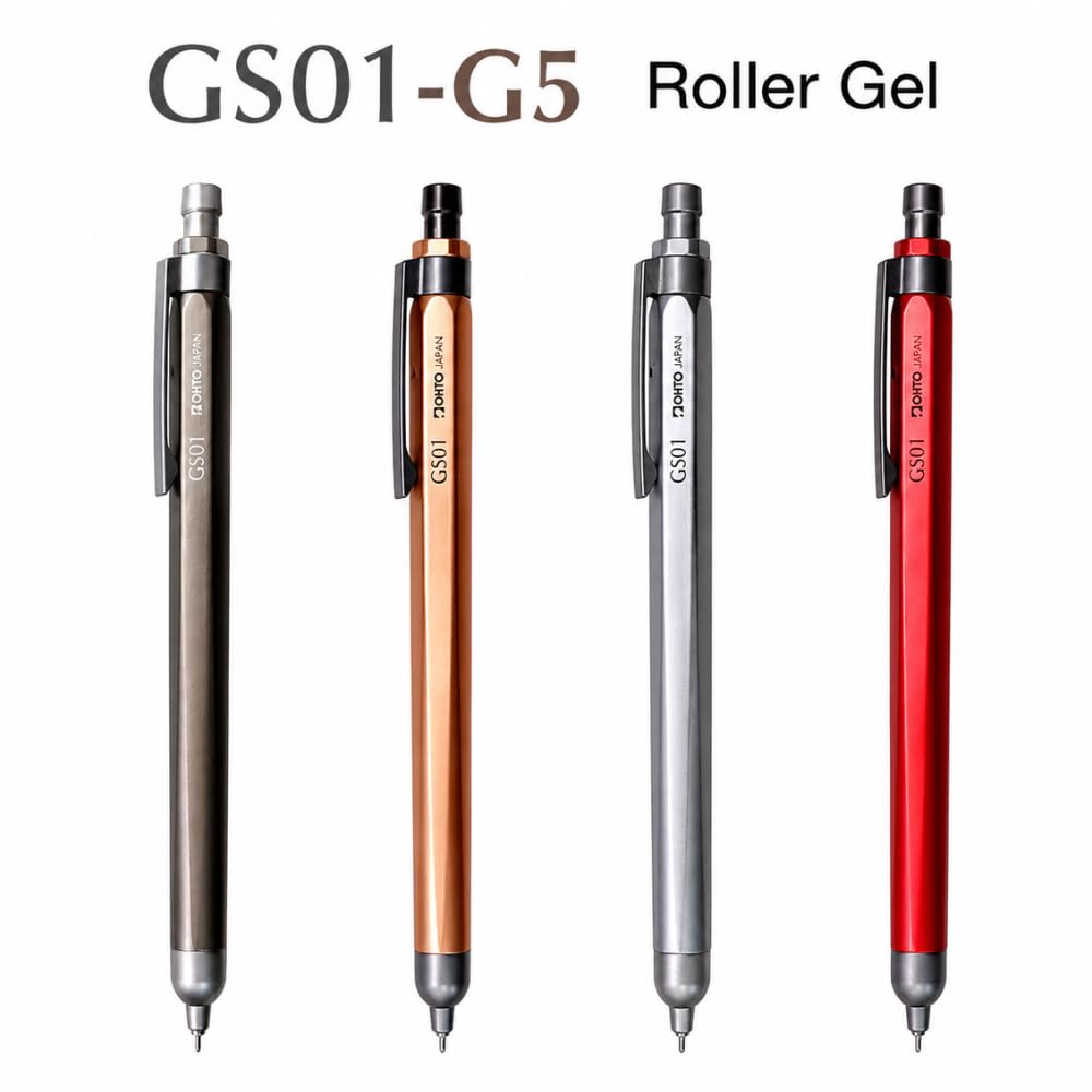 OHTO GS01 Premium Aluminum Gel Pen 0.5mm Needle Tip Black Ink, Quick Dry Smooth Writing Pen, Metal Body with Brass Clip, Executive Office Pen for Journaling, Notes & Everyday Writing, Red