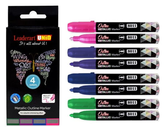 Leadeart UNID Outline Metallic Marker Bullet Tip 4.5MM, Set of 4 Sparkly Fun colors ideal for colouring, decorating,outlining,Glittery Art, Poster and much more.MADE IN MALAYSIA