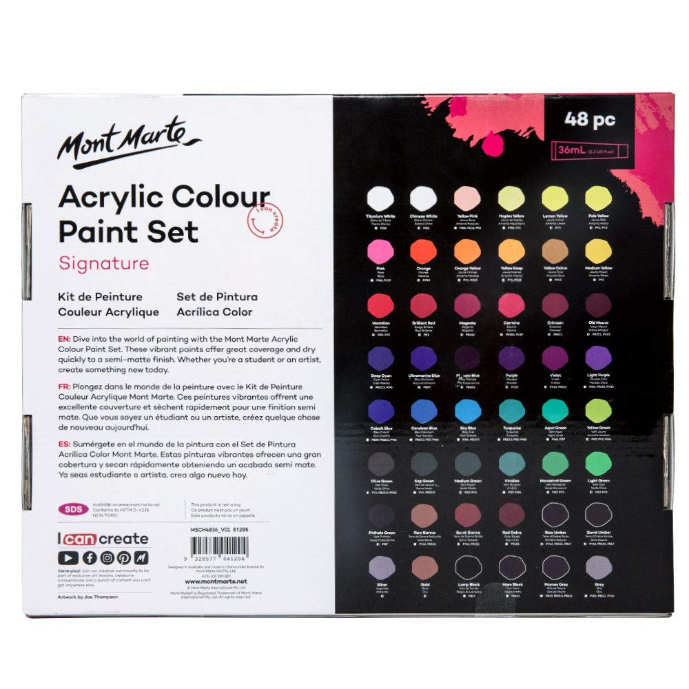 Mont Marte Acrylic Paint Set 48 Colors 36ml, Suitable for Canvas, Wood, MDF, Leather, Air-Dried Clay, Plaster, Cardboard, Paper and Crafts, Multicolour