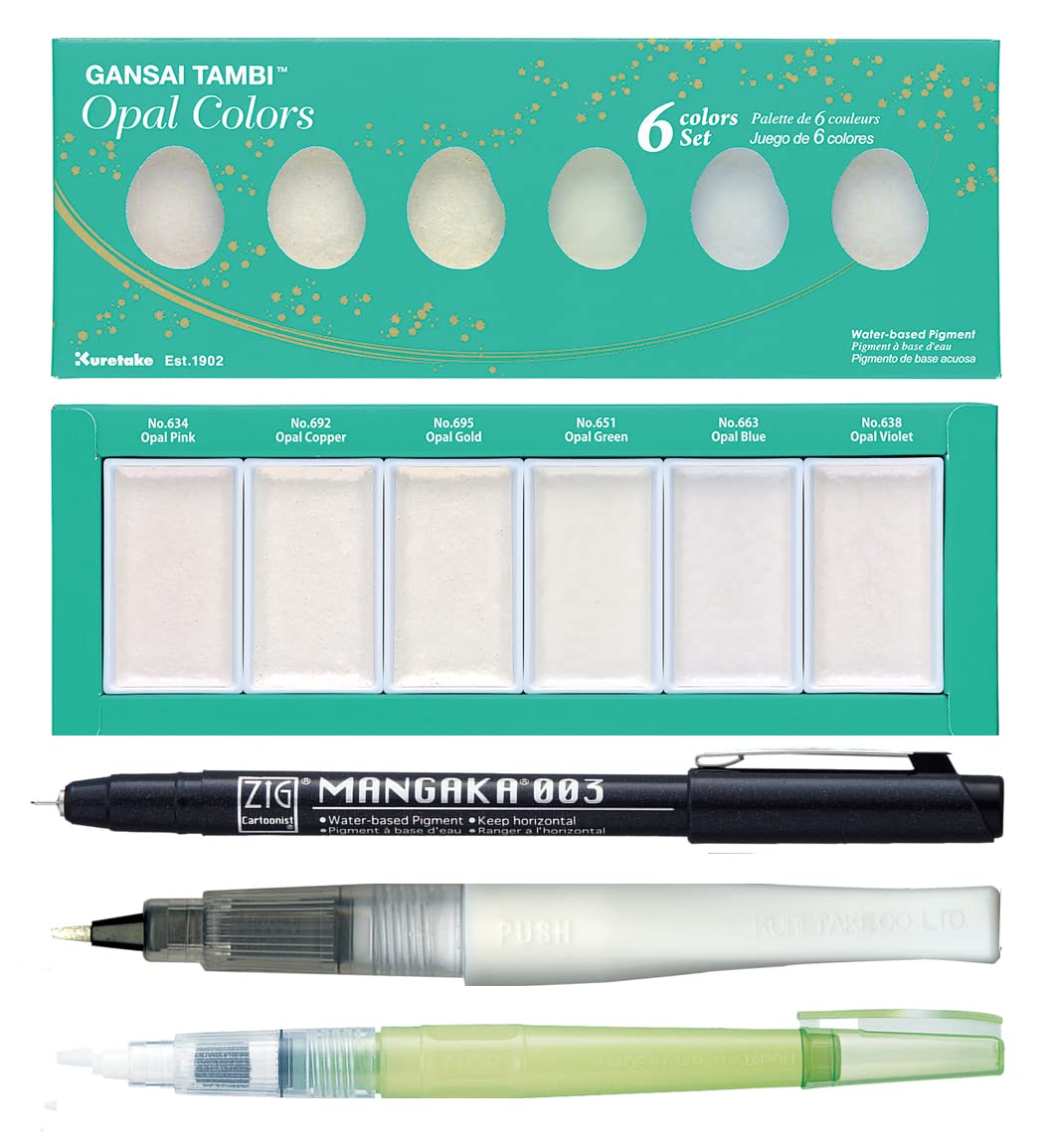 ZIG Special Illustration Set GANSAI TAMBI Opal 6colors Micron Pen 003, BRUSH2O Medium & Wink of Stella Brush Glitter for Manga Drawing Lettering & Calligraphy Professional Artist Quality Made in Japan