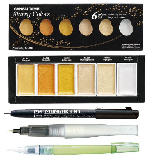 ZIG Special Illustration Set GANSAI TAMBI Starry 6colors Micron Pen 01,BRUSH2O Medium & Wink of Stella Brush Glitter for Manga Drawing Lettering & Calligraphy Professional Artist Quality Made in Japan