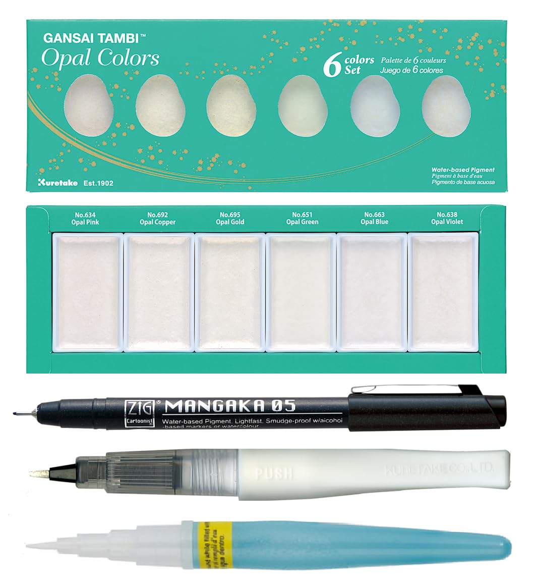Zig Special Illustration Set GANSAI TAMBI Opal 6 colors Micron Pen 05, BRUSH2O Petit,Wink of Stella Brush Glitter for Manga Drawing Lettering & Calligraphy Professional Artist Quality Made in Japan.