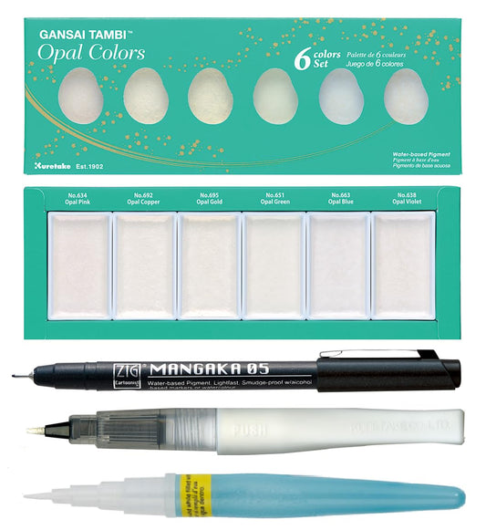 Zig Special Illustration Set GANSAI TAMBI Opal 6 colors Micron Pen 05, BRUSH2O Petit,Wink of Stella Brush Glitter for Manga Drawing Lettering & Calligraphy Professional Artist Quality Made in Japan.