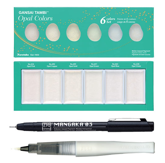 Zig Special Illustration Set [GANSAI TAMBI Opal 6 colors set] Micron Pen 03 & Wink of Stella Brush Glitter Clear for Manga Drawing Lettering & Calligraphy Professional Artist Quality Made in Japan