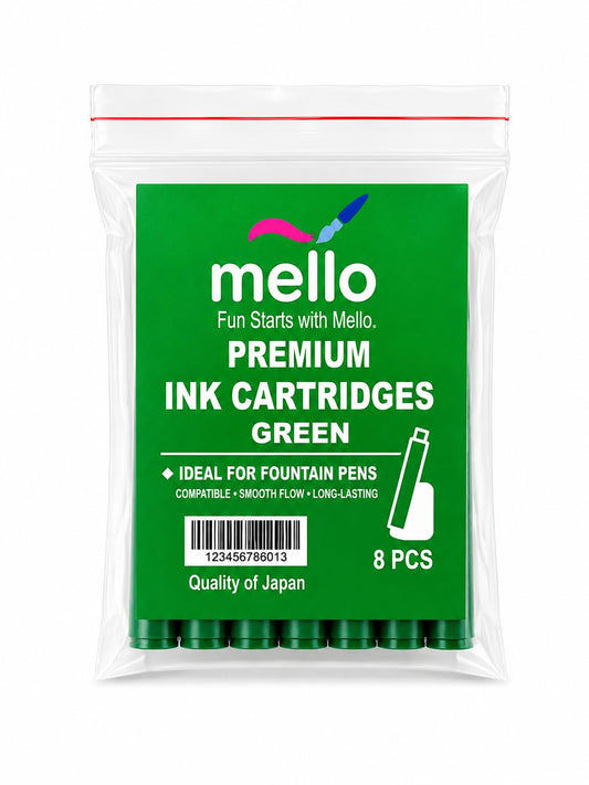 MELLO Universal Standard Fountain Pen Ink Cartridges – Green Ink | Pack of 8 | Fountain Pen Ink Refill | Smooth Writing Ink Cartridges for Journal, School & Office Use | Standard International Size