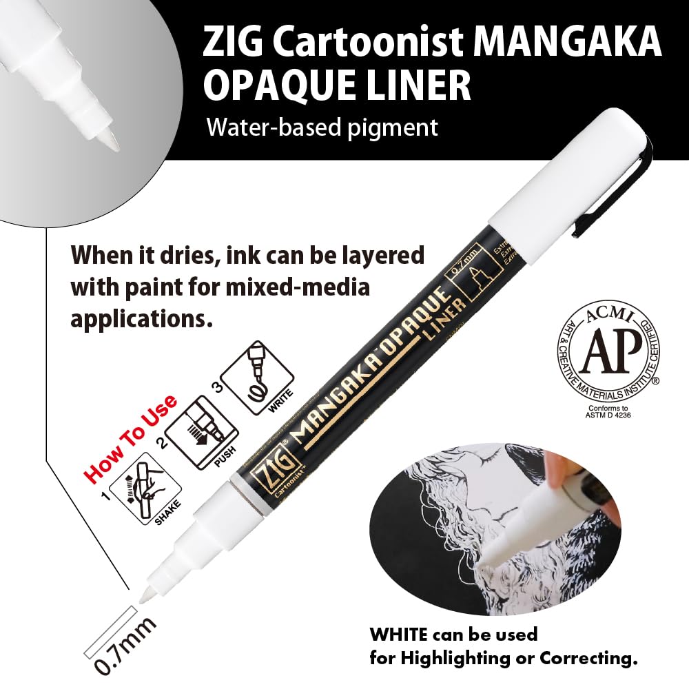 Kuretake Zig Cartoonist Mangaka Opaque Liner, 4 Colors Set for Artists, Illustrations, Graphic Design, Paper Crafters, Made in Japan